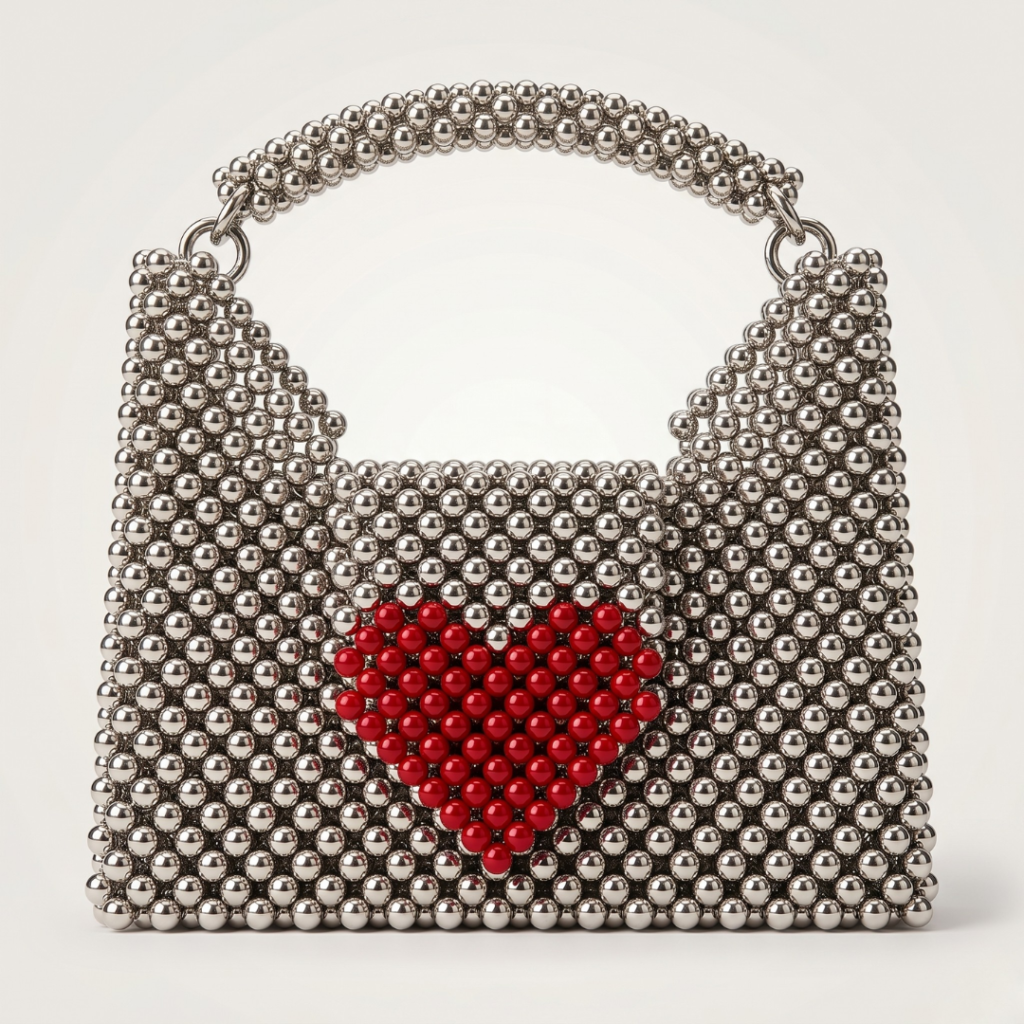 Bella Crystelle Silver Heart Beaded Handbag – Luxury Metallic Statement Purse