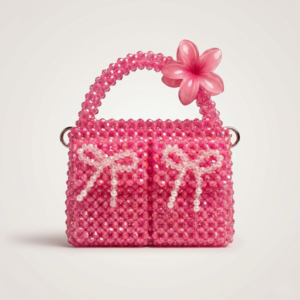 Bella Crystelle Pink Blossom Bow Handbag – Luxury Crystal Beaded Purse