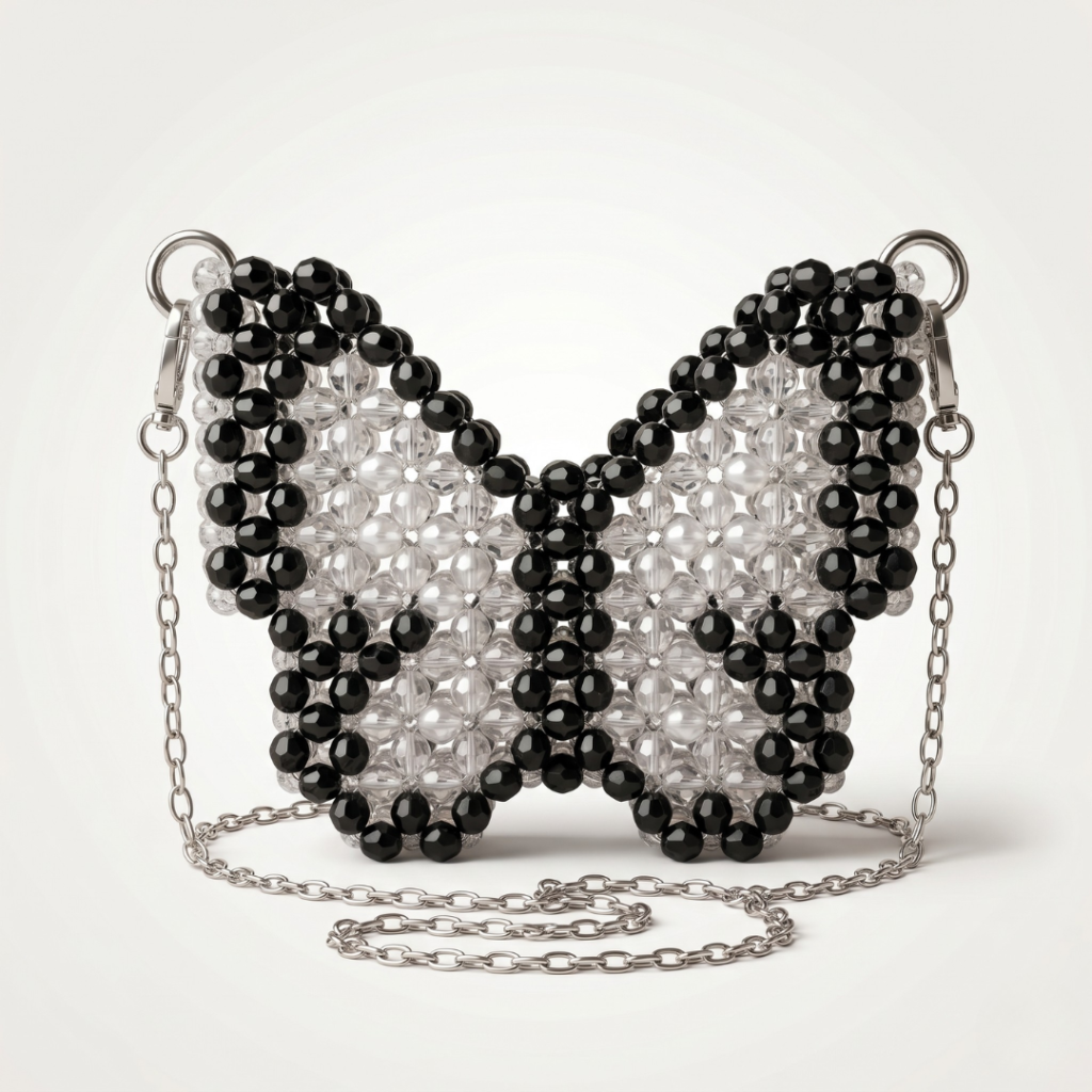 Bella Crystelle Monochrome Butterfly Crystal Crossbody Bag – Luxury Black & White Purse