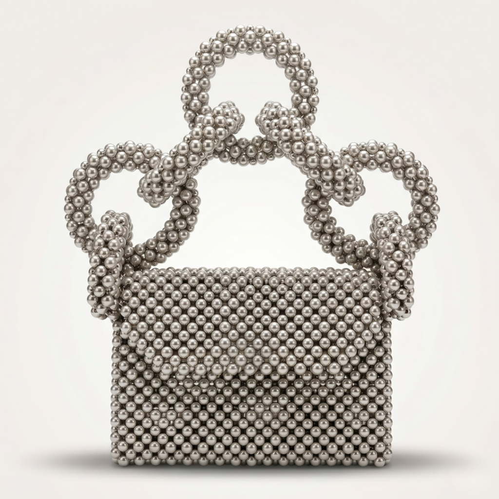 Bella Crystelle Silver Bow Tote Bag – Luxury Beaded Statement Handbag
