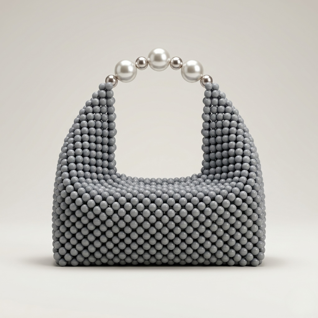 Bella Crystelle Pearl Arch Hobo Bag – Elegant Grey Beaded Handbag