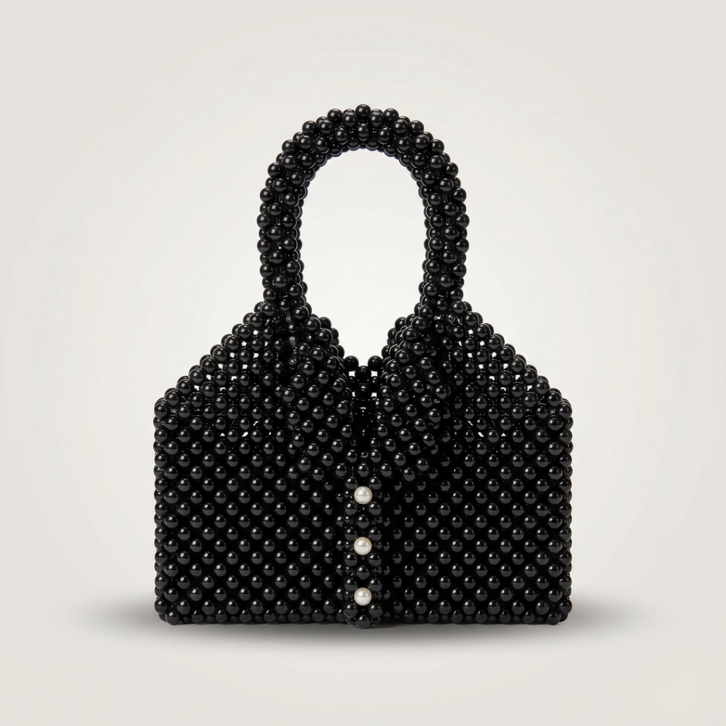 Bella Crystelle Midnight Pearl Button Tote – Classic Black Beaded Bag