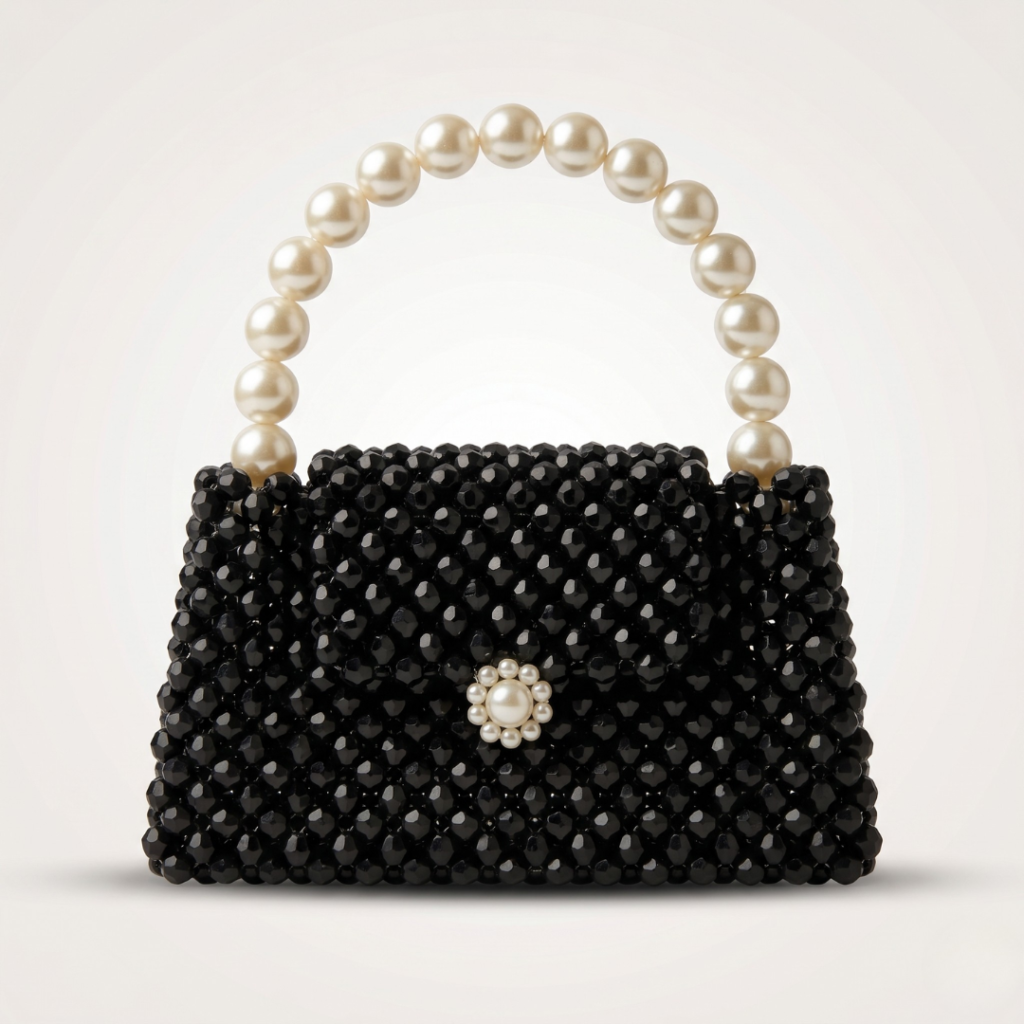 Bella Crystelle Midnight Pearl Beaded Handbag – Luxury Black Evening Bag