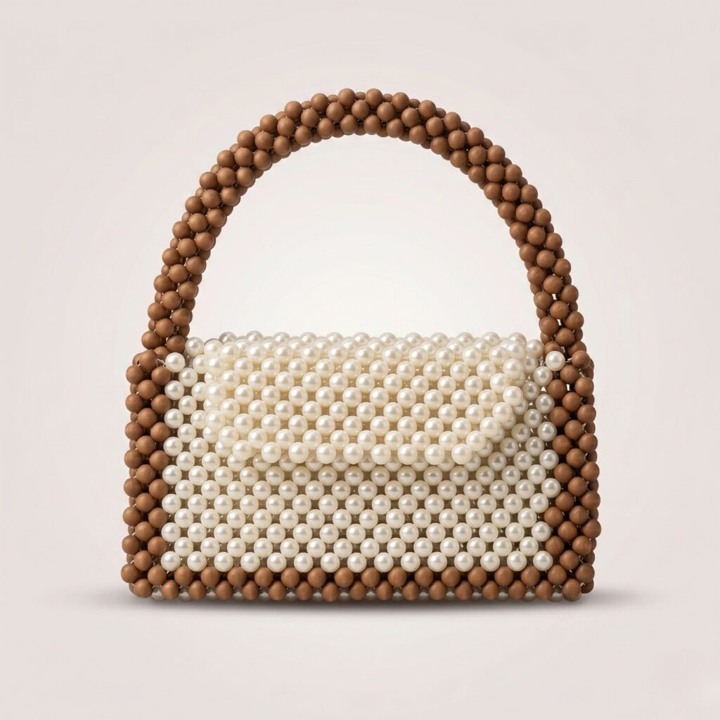 Bella Crystelle Mocha Pearl Contrast Tote – Two-Tone Beaded Handbag