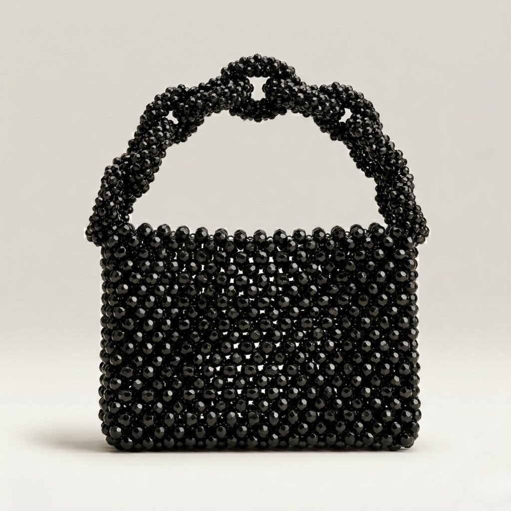 Bella Crystelle Noir Knot Crystal Handbag – Black Beaded Top Handle Bag