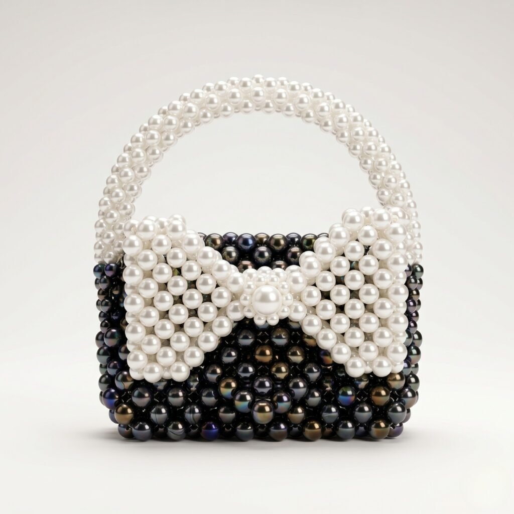 Bella Crystelle Pearl Bow Evening Bag – Black Pearl Clutch with Statement Bow