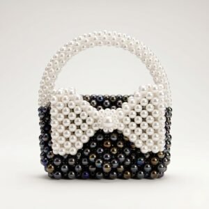 Bella Crystelle Pearl Bow Evening Bag – Black Pearl Clutch with Statement Bow