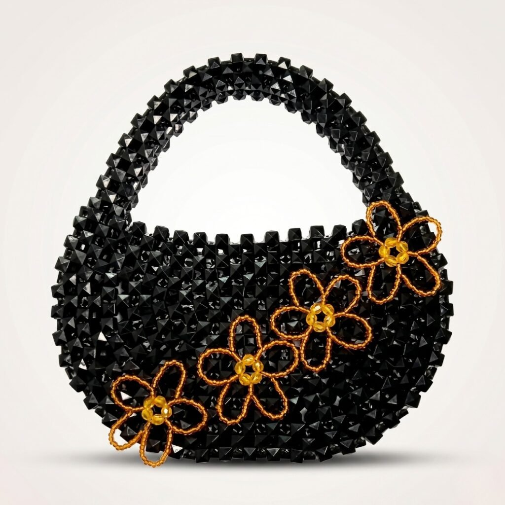 Bella Crystelle Midnight Blossom Crystal Bag – Black Floral Beaded Handbag