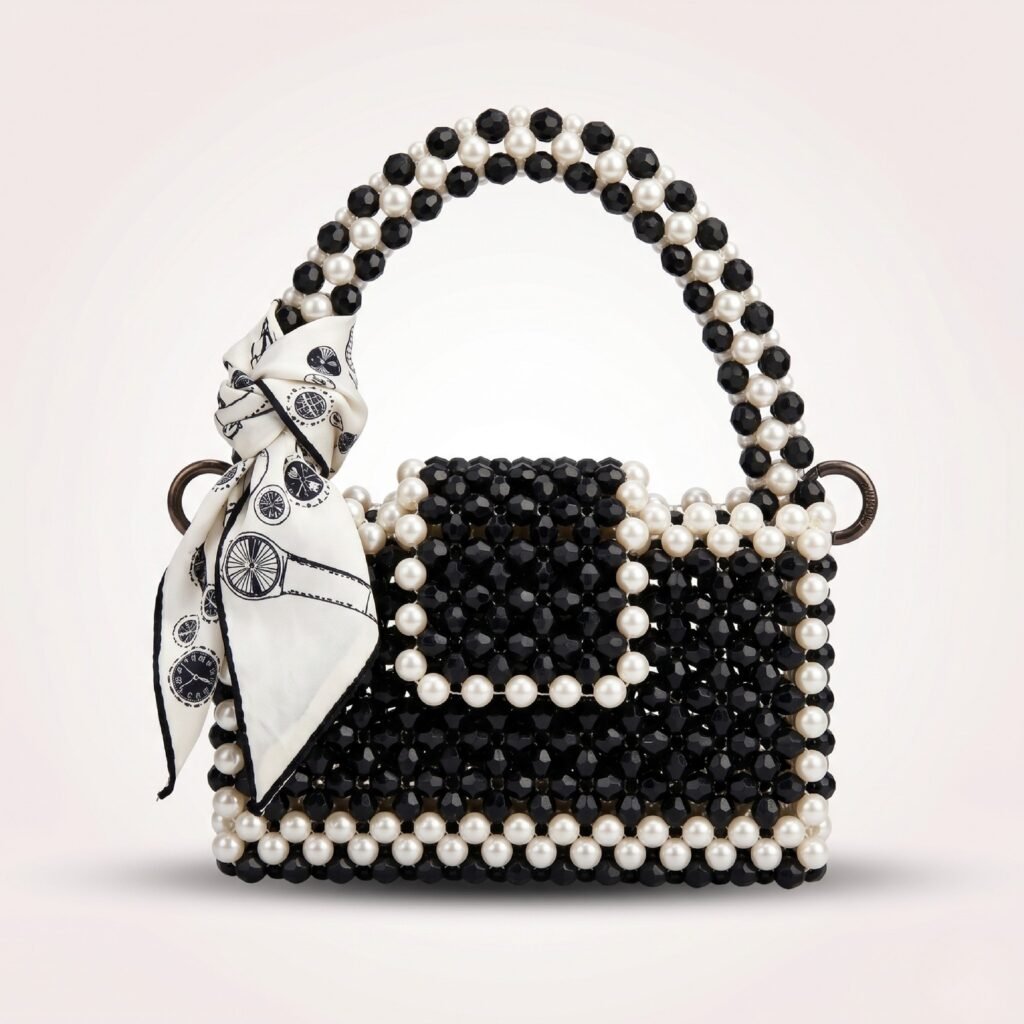 Bella Crystelle Noir Pearl Scarf Mini Bag – Black & Ivory Beaded Handbag