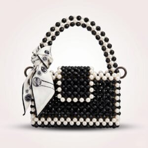 Bella Crystelle Noir Pearl Scarf Mini Bag – Black & Ivory Beaded Handbag