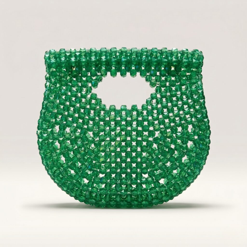 Bella Crystelle Emerald Crescent Crystal Bag – Green Cut-Out Beaded Handbag