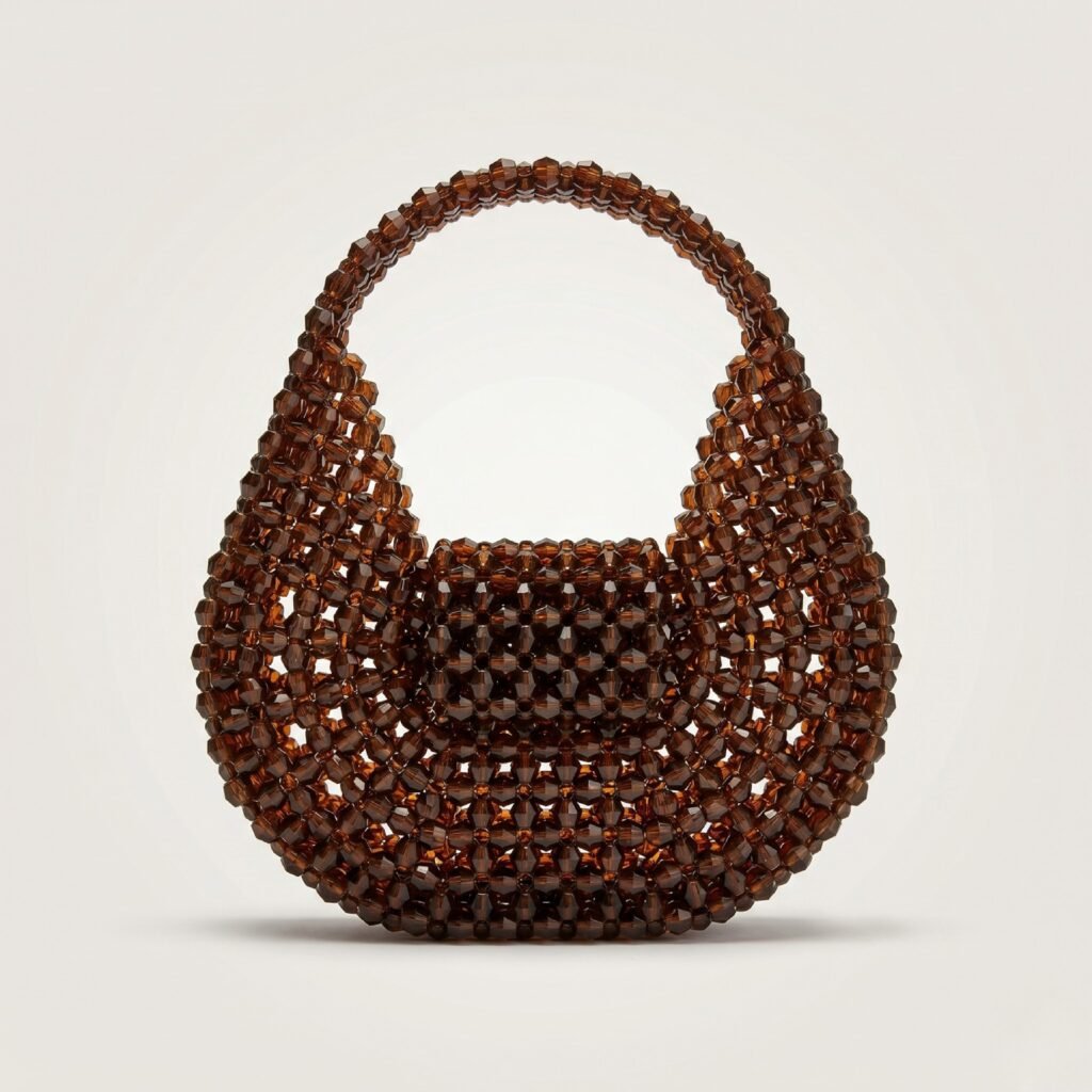 Bella Crystelle Mocha Crescent Crystal Bag – Brown Beaded Mini Handbag