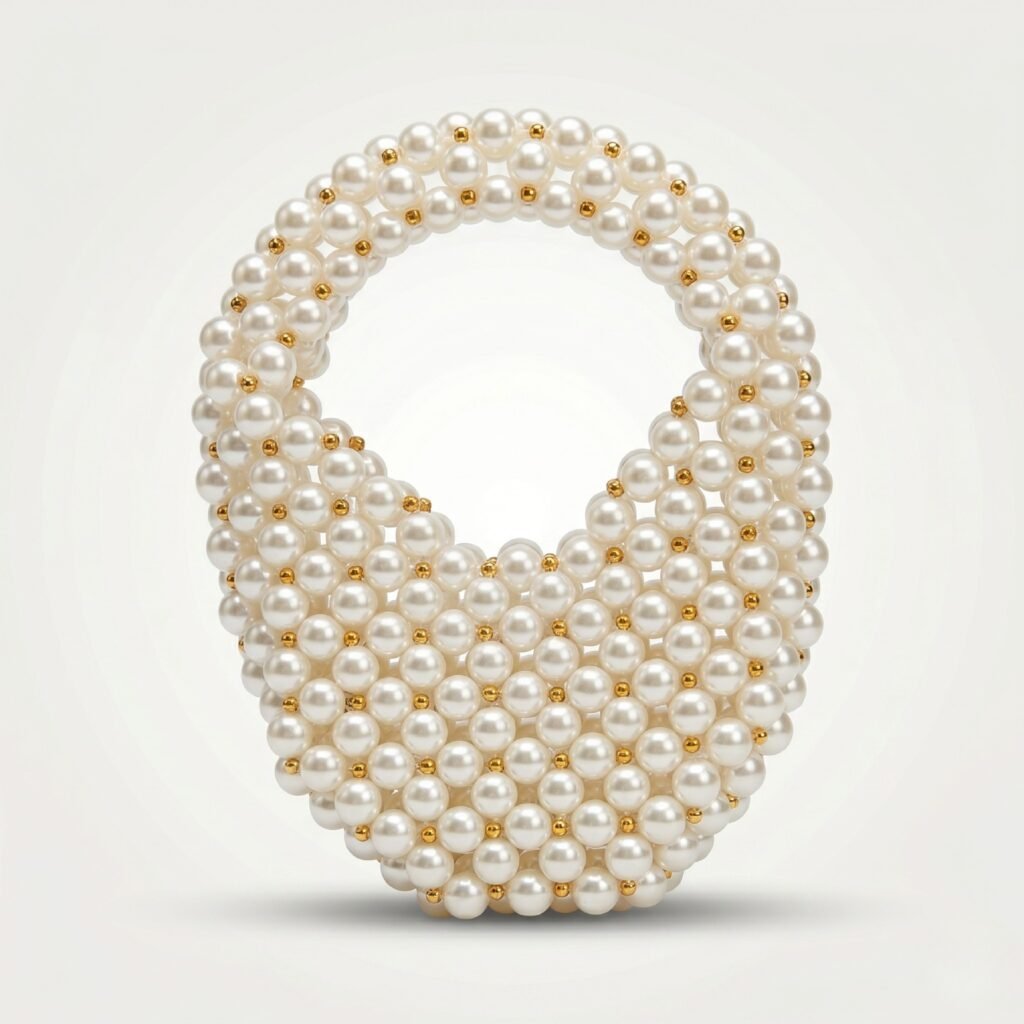 Bella Crystelle Pearl Halo Mini Bag – Ivory Pearl Beaded Handbag with Gold Accents
