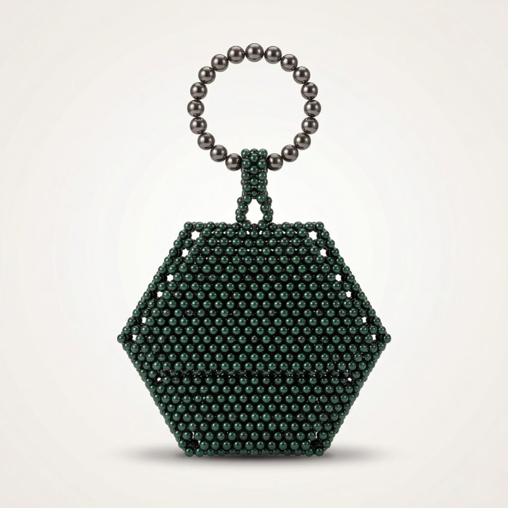 Bella Crystelle Emerald Halo Evening Bag – Deep Green Beaded Handbag with Ring Handle