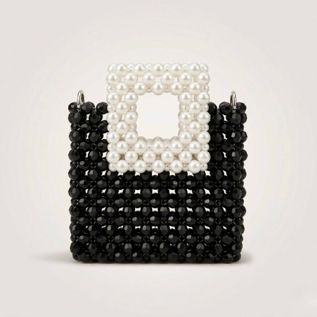 Bella Crystelle Noir Pearl Square Tote – Black & Pearl Beaded Handcrafted Handbag