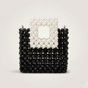 Bella Crystelle Noir Pearl Square Tote – Black & Pearl Beaded Handcrafted Handbag