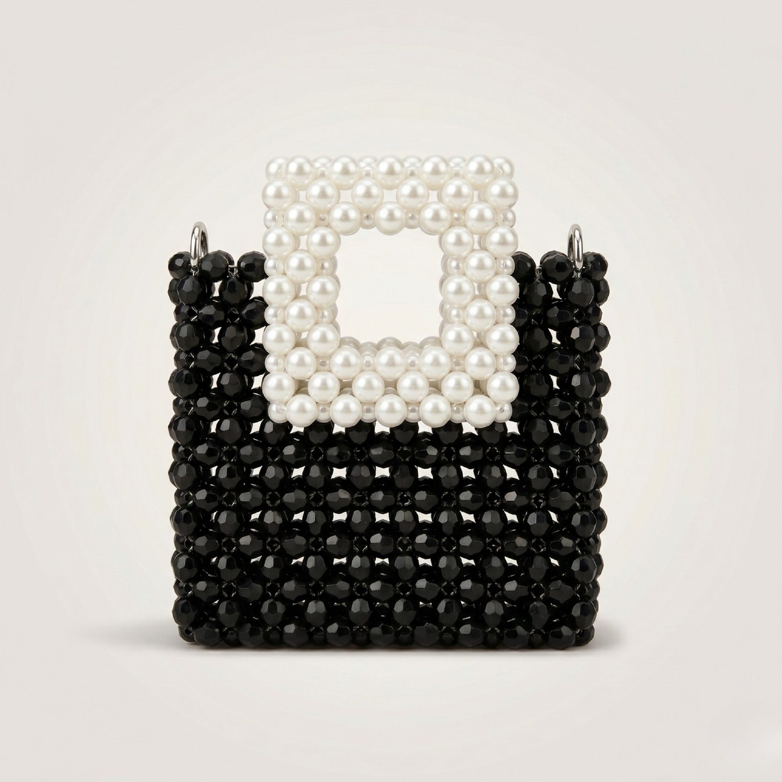 Bella Crystelle Noir Pearl Square Tote – Black & Pearl Beaded Handcrafted Handbag