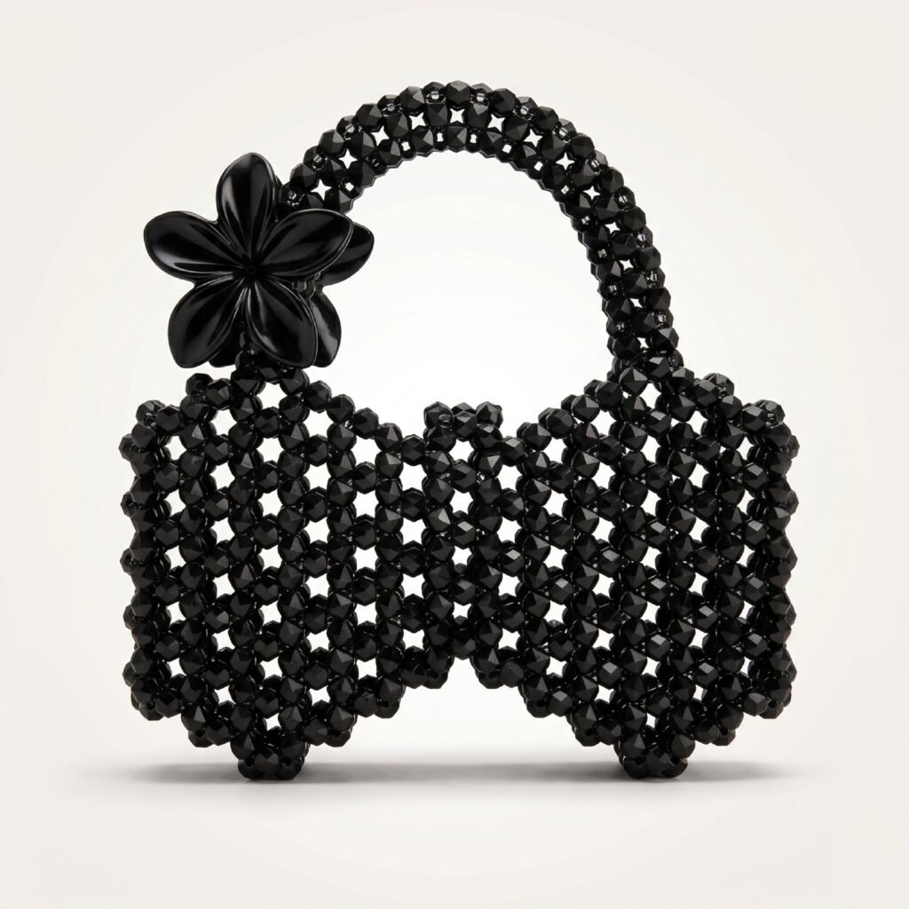 Bella Noir Crystal Beaded Flower Handbag